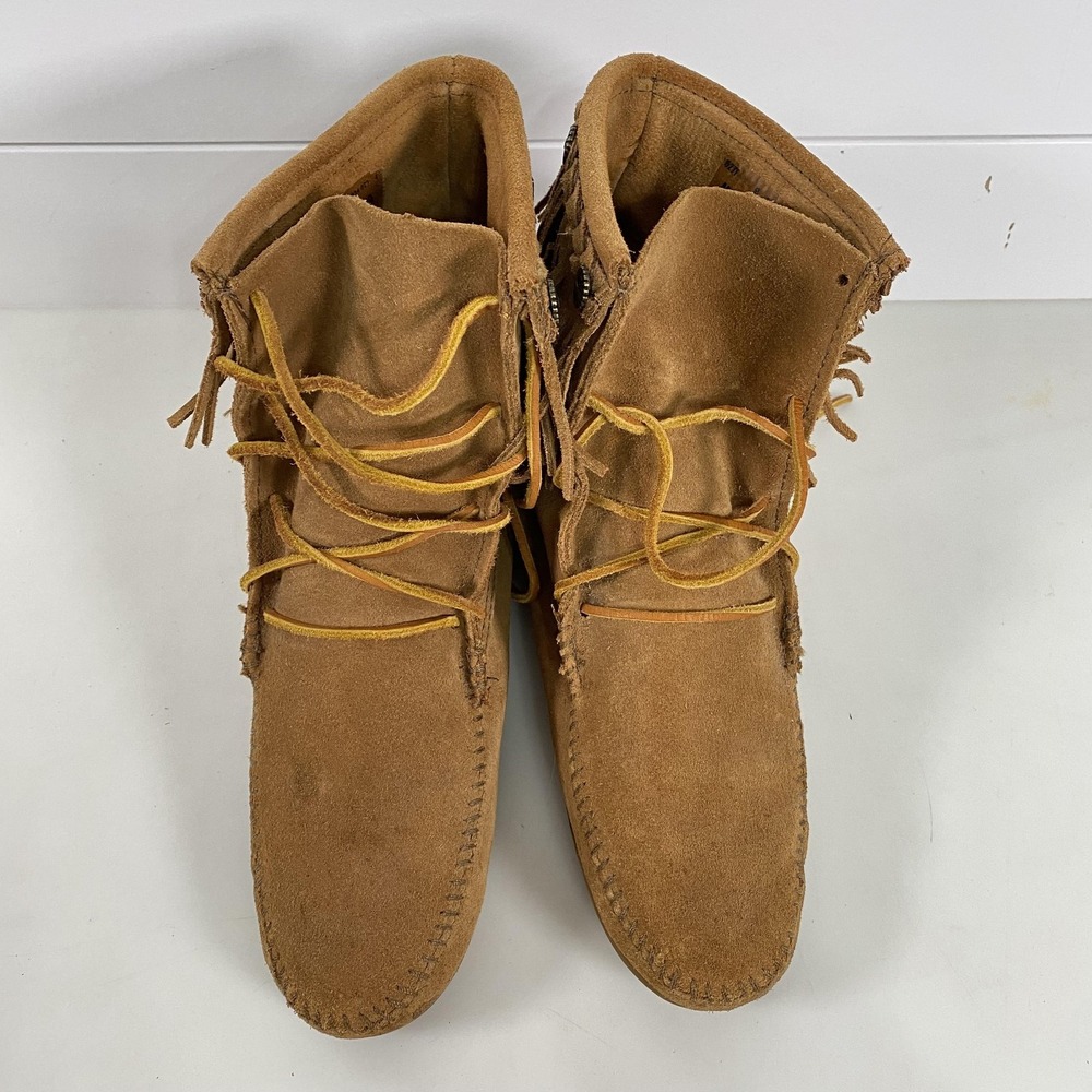 Minnetonka Boots Womens Size 9 Brown Suede Fringe Lace Up Moccasin Ankle Braided
